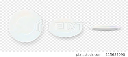 Plate. Set isolated white porcelain plates vector mockup in a realistic style on transparent background dining set of round dishes in different angles. Vector 115685090