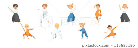 Boy and Girl Character Do Taekwondo or Judo Workout Vector Set Boy and Girl Character Do Taekwondo or Judo Workout Vector Set 115685180