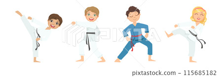 Boy and Girl Character Do Taekwondo or Judo Workout Vector Set 115685182