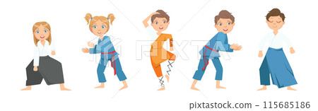 Boy and Girl Character Do Taekwondo or Judo Workout Vector Set 115685186