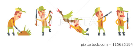 Funny Man Hunter Character with Rifle or Gun Vector Set 115685194
