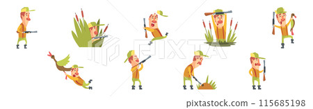 Funny Man Hunter Character with Rifle or Gun Vector Set Funny Man Hunter Character with Rifle or Gun Vector Set 115685198