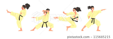 Young Man Doing Karate Wearing Kimono and Black Belt Engaged in Martial Art Vector Set Young Man Doing Karate Wearing Kimono and Black Belt Engaged in Martial Art Vector Set 115685215