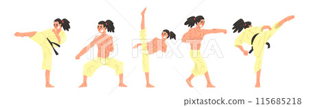 Young Man Doing Karate Wearing Kimono and Black Belt Engaged in Martial Art Vector Set Young Man Doing Karate Wearing Kimono and Black Belt Engaged in Martial Art Vector Set 115685218