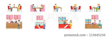 People Character Eating Food at Cafe Sitting at Table Vector Set People Character Eating Food at Cafe Sitting at Table Vector Set 115685230