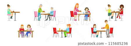 People Character Eating Food at Cafe Sitting at Table Vector Set People Character Eating Food at Cafe Sitting at Table Vector Set 115685236