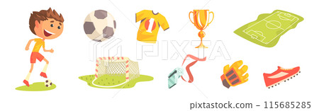 Football Professional Objects and Colorful Item Vector Set 115685285