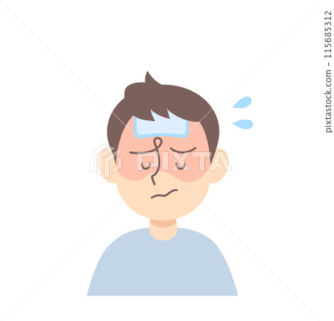 一個發燒的男孩在額頭上貼了一塊降溫布 115685312