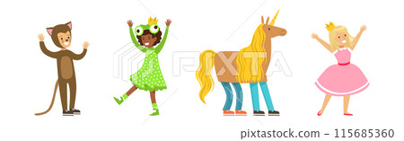 Funny Kids Actors in Theater Costumes Showing Performance Vector Set 115685360