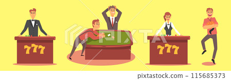 People Character Gambling at Casino Isolated on Yellow Background Vector Set 115685373