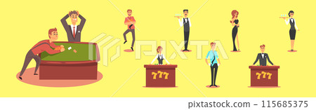 People Character Gambling at Casino Isolated on Yellow Background Vector Set 115685375
