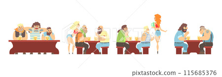 Man at Bar Sit at Table Drink Beer Vector Set 115685376