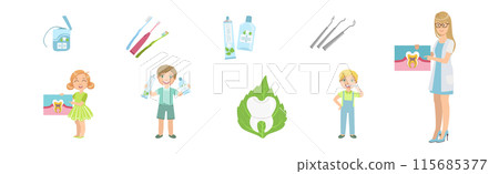 Oral Care and Mouth Hygiene with Kid Character and Tool Vector Set 115685377