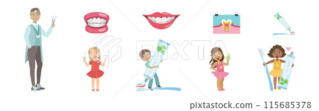 Oral Care and Mouth Hygiene with Kid Character and Tool Vector Set 115685378