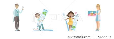 Oral Care and Mouth Hygiene with Kid Character and Tool Vector Set 115685383