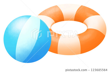 Illustration of an orange swim ring and a light blue beach ball Illustration of an orange swim ring and a light blue beach ball 115685564