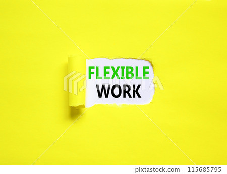 Flexible work symbol. Concept words Flexible work on beautiful white paper. Beautiful yellow paper background. Business Flexible work concept. Copy space. Flexible work symbol. Concept words Flexible work on beautiful white paper. Beautiful yellow paper background. Business Flexible work concept. Copy space. 115685795