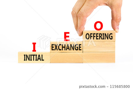 IEO initial exchange offering symbol. Concept words IEO initial exchange offering on beautiful wooden blocks. Beautiful white background. Business IEO initial exchange offering concept. Copy space. IEO initial exchange offering symbol. Concept words IEO initial exchange offering on beautiful wooden blocks. Beautiful white background. Business IEO initial exchange offering concept. Copy space. 115685800