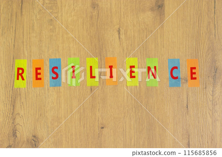 Resilience symbol. Concept word Resilience on beautiful colored paper. Beautiful wooden background. Business resilience concept. Copy space. Resilience symbol. Concept word Resilience on beautiful colored paper. Beautiful wooden background. Business resilience concept. Copy space. 115685856