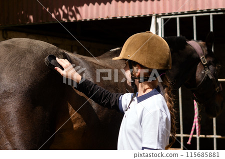 Child brushing dark horse's hindquarters at stable. Child brushing dark horse's hindquarters at stable. 115685881
