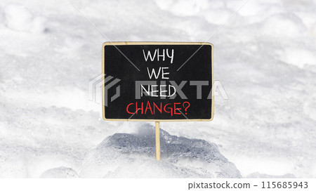 Why we need change symbol. Concept words Why we need change on beautiful black chalk blackboard. Beautiful white snow background. Business and why we need change concept. Copy space. 115685943