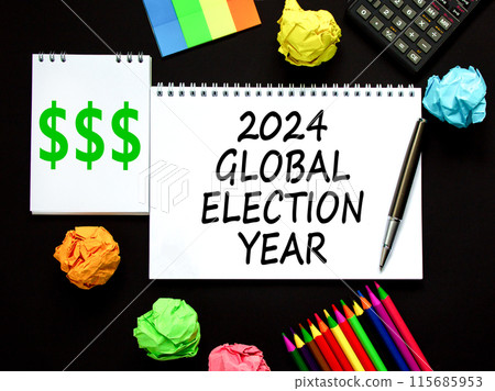2024 global election year symbol. Concept words 2024 global election year on beautiful white note. Beautiful black table background. Calculator. Business 2024 global election year concept. Copy space 2024 global election year symbol. Concept words 2024 global election year on beautiful white note. Beautiful black table background. Calculator. Business 2024 global election year concept. Copy space 115685953