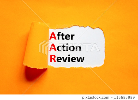 AAR After action review symbol. Concept words AAR After action review on beautiful white paper. Beautiful orange paper background. Business AAR after action review concept. Copy space. 115685989
