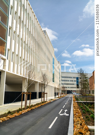 Bike path at modern campus of Paris-Saclay Research University in France Bike path at modern campus of Paris-Saclay Research University in France 115686036