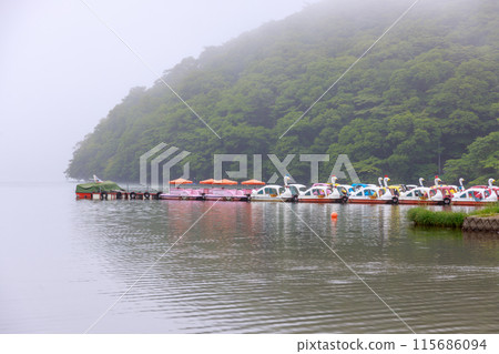 A view of Lake Haruna in early summer, covered in thick fog A view of Lake Haruna in early summer, covered in thick fog 115686094