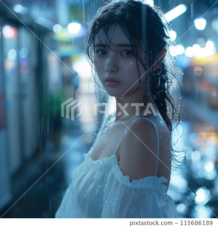 美麗的女人在城市的雨中被淋濕 美麗的女人在城市的雨中被淋濕 115686189