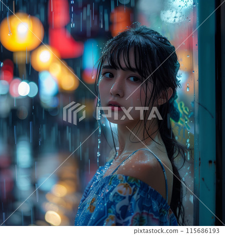 美麗的女人在城市的雨中被淋濕 115686193