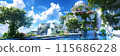 Lush greenery envelops futuristic architecture nestled among cascading waterfalls 115686228