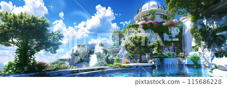 Lush greenery envelops futuristic architecture nestled among cascading waterfalls 115686228