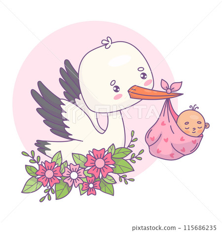 Cute stork with flowers with newborn baby girl. Vector illustration. Funny Cartoon bird kawaii character and infant. Cool childish birthday. Kids collection. 115686235