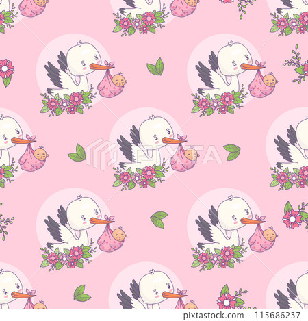 Seamless pattern with cute stork with flowers in its beak with newborn baby girl on pink background. Vector illustration. Funny cartoon bird kawaii and childish birthday. Seamless pattern with cute stork with flowers in its beak with newborn baby girl on pink background. Vector illustration. Funny cartoon bird kawaii and childish birthday. 115686237