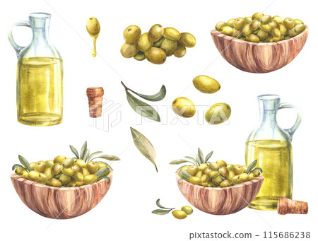 Olive oil in glass bottle with cork. Wooden bowl with green Olives fruit and berries. Watercolor hand drawn illustration for food sauce label, vegetarian menu design. Isolated clipart white background Olive oil in glass bottle with cork. Wooden bowl with green Olives fruit and berries. Watercolor hand drawn illustration for food sauce label, vegetarian menu design. Isolated clipart white background 115686238