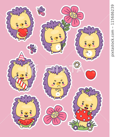 Cute hedgehog sticker set. Funny cartoon animal birthday boy, with flower, heart, on mushroom, with butterfly and piece watermelon. Vector isolated holiday kawaii animal characters. Kids collection. Cute hedgehog sticker set. Funny cartoon animal birthday boy, with flower, heart, on mushroom, with butterfly and piece watermelon. Vector isolated holiday kawaii animal characters. Kids collection. 115686239
