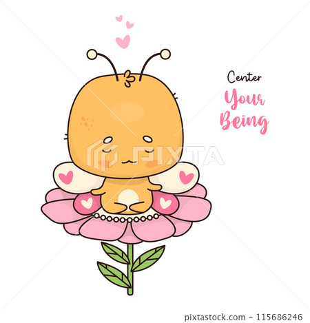 Cute calm butterfly meditating sitting in an asana on flower. Funny cartoon kawaii character animal. Vector illustration. Cool card with insect yogi . Cute calm butterfly meditating sitting in an asana on flower. Funny cartoon kawaii character animal. Vector illustration. Cool card with insect yogi . 115686246