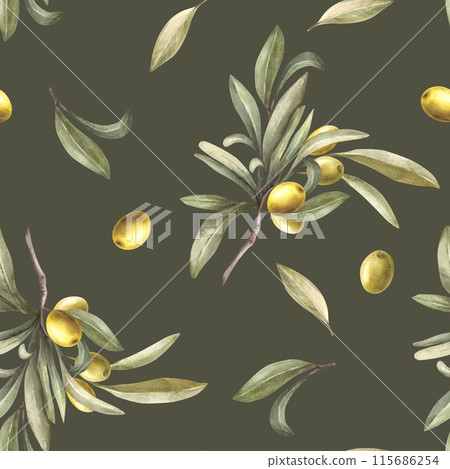 Watercolor olive tree branch with green leaves and berries seamless pattern. Hand painted illustration. Botanical harvest for oil food label, packing, fabric, wallpaper on isolated dark background. 115686254