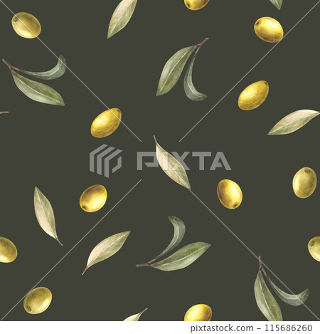 Olive fruits, berries with green leaves seamless pattern. Watercolor hand drawn botanical food illustration. Nature clipart for cosmetic label, fabric, wallpaper print on isolated dark background. 115686260