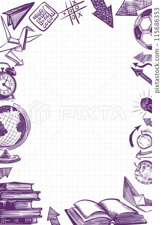 Welcome Back to school Vertical frame, doodle on checkered paper background, vector illustration. Drawing with a blue pen on a notebook sheet . Handmade, not AI Vector illustration Welcome Back to school Vertical frame, doodle on checkered paper background, vector illustration. Drawing with a blue pen on a notebook sheet . Handmade, not AI Vector illustration 115686353