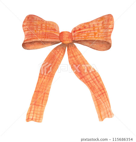 Orange bow with checkered pattern. Watercolor illustration. Clip art of autumn knitted holiday ribbon. Hand drawn isolated sketch. For holiday decorations, gift wrapping, cards. For Thanksgiving. Orange bow with checkered pattern. Watercolor illustration. Clip art of autumn knitted holiday ribbon. Hand drawn isolated sketch. For holiday decorations, gift wrapping, cards. For Thanksgiving. 115686354