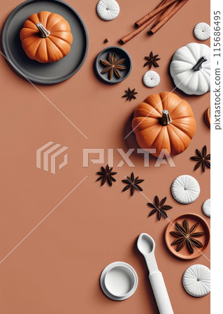 Autumn baking concept with pumpkin, spices and cookie on terracotta background. Autumn baking concept with pumpkin, spices and cookie on terracotta background. 115686495