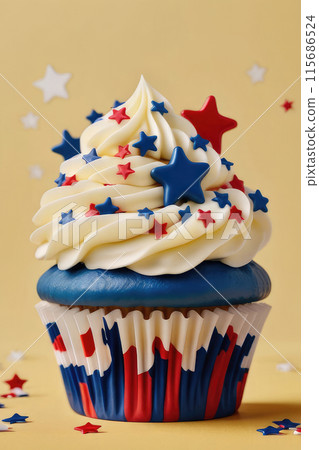 4th of July festive cupcake with red, white and blue stars on a yellow background. 115686524