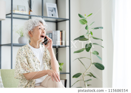 Senior woman calling in the living room 115686554