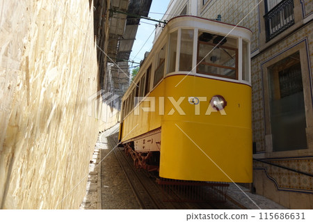 Typical historical yellow tram going up an hill, Lisbon, Portugal Typical historical yellow tram going up an hill, Lisbon, Portugal 115686631