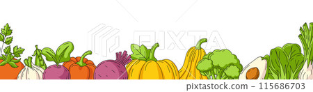 Vegetables background. Vector narrow horizontal banner, veggies line icons, border frame. Space for text. Vegan colorful backdrop with organic eco natural products. For poster, flyer, cover, web 115686703