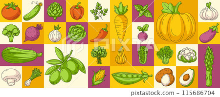 Healthy vegan food. Fresh farm natural vegetables. Vector geometric modern horizontal banner, eco veggies icons. Minimal abstract layout for poster, menu, flyer, cover, farmers market, brochure 115686704