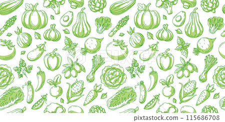 Vegetables and greens seamless pattern, isolated white background. Veggies vector icons set. Minimalist horizontal banner. Organic food, natural eco product. For cover, wrapping paper, textile print Vegetables and greens seamless pattern, isolated white background. Veggies vector icons set. Minimalist horizontal banner. Organic food, natural eco product. For cover, wrapping paper, textile print 115686708