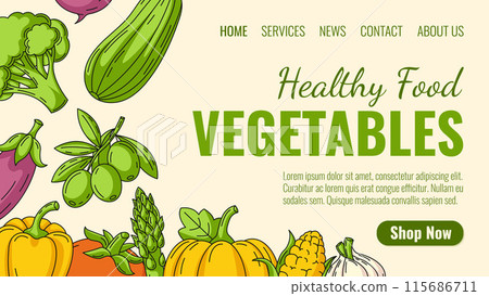 Healthy food, farm organic vegetables. Order natural veggies, eco products, vegan produce home delivery. Landing page vector minimal template for website, web, grocery, online store, farmers market. 115686711